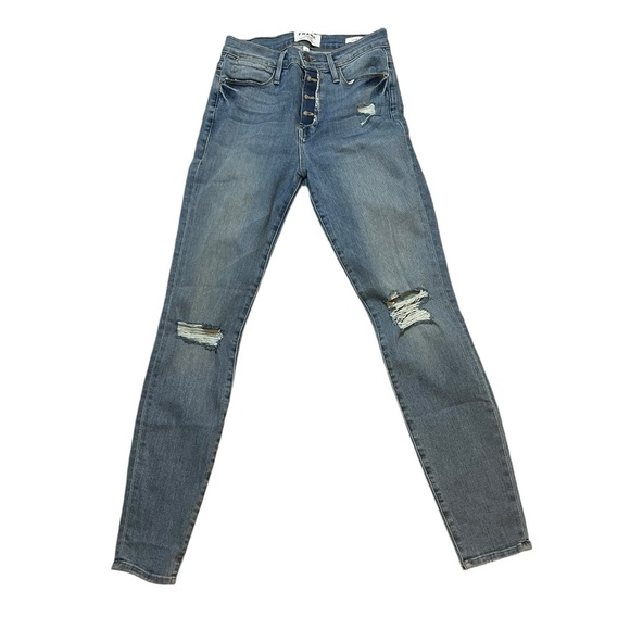 FRAME Le High Skinny Jeans — Button Fly, Distressed, Medium Wash - Picture 3 of 8